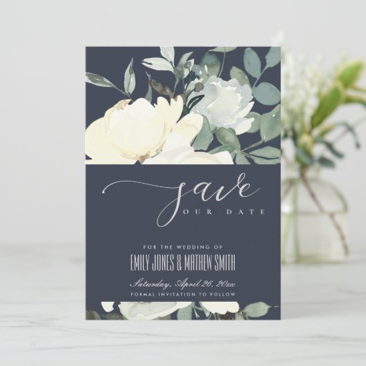 NAVY IVORY WHITE AQUA FLORAL WATERVERF BUNCH SAVE THE DATE (Staand voorkant)