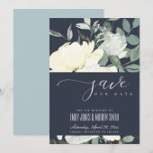 NAVY IVORY WHITE AQUA FLORAL WATERVERF BUNCH SAVE THE DATE (Voorkant / Achterkant)
