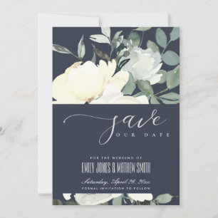 NAVY IVORY WHITE AQUA FLORAL WATERVERF BUNCH SAVE THE DATE
