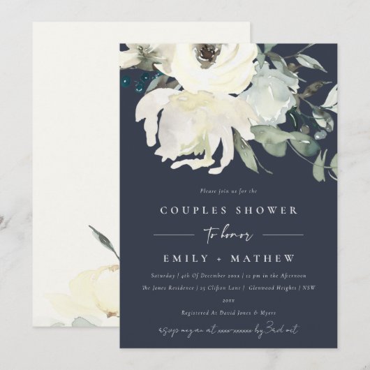 NAVY IVORY WHITE FLORA WATERVERF COUPLY SHOWER KAART (Voorkant / Achterkant)