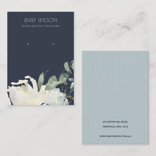 NAVY IVORY WHITE FLORAL BUNCH EARRING DISPLAY VISITEKAARTJE (Voorkant / Achterkant)