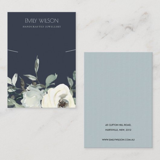 NAVY IVORY WHITE FLORAL BUNCH KETTING DISPLAY VISITEKAARTJE (Voorkant / Achterkant)