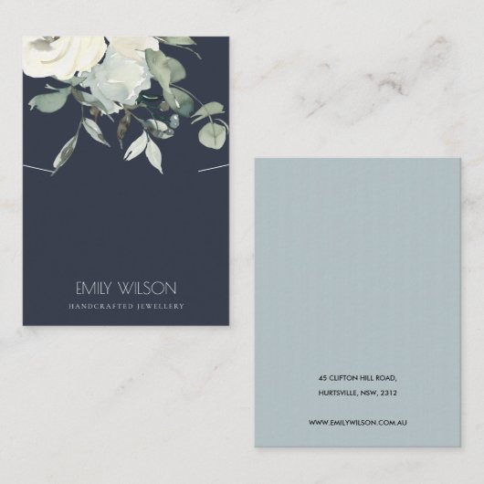 NAVY IVORY WHITE FLORAL BUNCH KETTING DISPLAY VISITEKAARTJE (Voorkant / Achterkant)