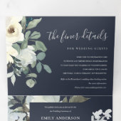 NAVY IVORY WHITE FLORAL WATERVERF BUNCH WEDDING DRIELUIK UITNODIGING (Binnenzijde eerst)