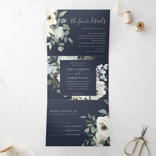 NAVY IVORY WHITE FLORAL WATERVERF BUNCH WEDDING DRIELUIK UITNODIGING (Binnen)