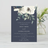 NAVY IVORY WHITE FLORAL WATERVERF BUNCH WEDDING KAART (Staand voorkant)