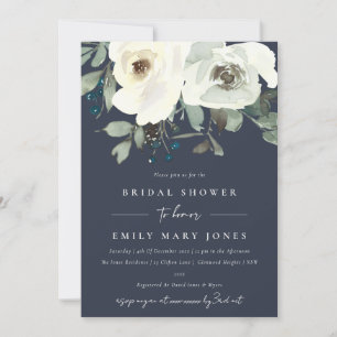 NAVY IVORY WHITE FLORAL WATERVERF VRIJGEZELLENFEES KAART
