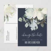 NAVY IVORY WHITE FLORAL WEDDING VERANDERT DE DATUM AANKONDIGINGSKAART (Voorkant / Achterkant)