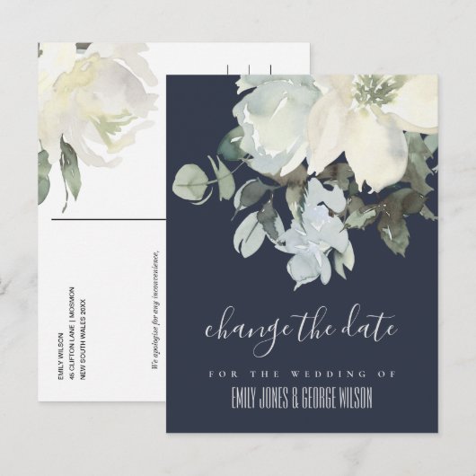 NAVY IVORY WHITE FLORAL WEDDING VERANDERT DE DATUM AANKONDIGINGSKAART (Voorkant / Achterkant)