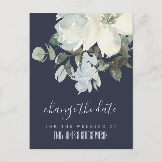 NAVY IVORY WHITE FLORAL WEDDING VERANDERT DE DATUM AANKONDIGINGSKAART (Voorkant)