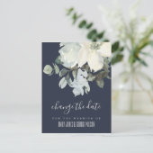 NAVY IVORY WHITE FLORAL WEDDING VERANDERT DE DATUM AANKONDIGINGSKAART (Staand voorkant)