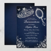 Navy Jewel Tiara Mirror Butterfly Quinceanera Kaart (Voorkant / Achterkant)