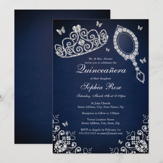 Navy Jewel Tiara Mirror Butterfly Quinceanera Kaart (Voorkant / Achterkant)