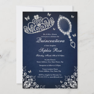 Navy Jewel Tiara Spiegel Vlinder Quinceanera Kaart