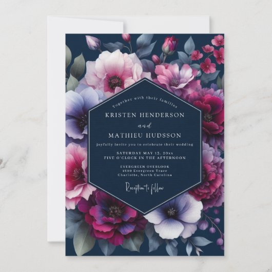 Navy Jewel Tone Flora Wedding Kaart (Voorkant)