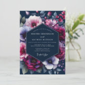 Navy Jewel Tone Flora Wedding Kaart (Staand voorkant)