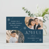 Navy Joyful Snowflake Horizontale Arch 2 Foto Feestdagenkaart (Staand voorkant)