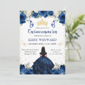 Navy Jurk Zwart Haar Prinses Quinceanera Kaart (Staand voorkant)