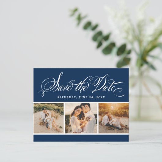 Navy kalligrafie Script bruiloft foto collage Save The Date (Staand voorkant)