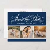 Navy kalligrafie Script bruiloft foto collage Save The Date (Voorkant / Achterkant)