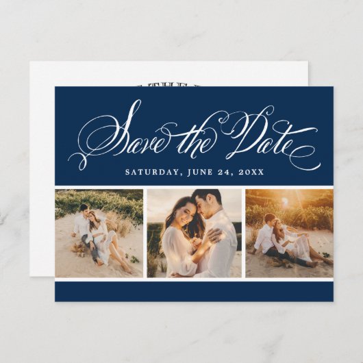Navy kalligrafie Script bruiloft foto collage Save The Date (Voorkant / Achterkant)