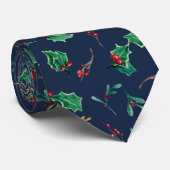 Navy Kerstmis Holly Berry Foliage Gold Greenery Stropdas (Opgerold)