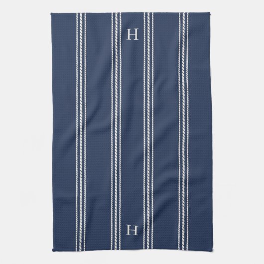 Navy | Klassieke reepband monogram Theedoek (Verticaal)