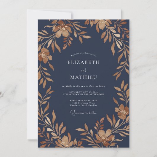 Navy Koperblad Eucalyptus Bruiloft Kaart (Voorkant)