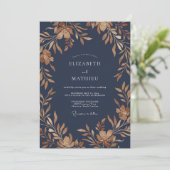 Navy Koperblad Eucalyptus Bruiloft Kaart (Staand voorkant)