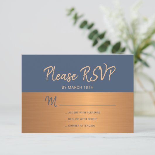 Navy koperen trendy typografie bruiloft rsvp (Staand voorkant)