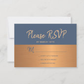 Navy koperen trendy typografie bruiloft rsvp kaartje (Voorkant)