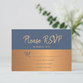 Navy koperen trendy typografie bruiloft rsvp kaartje (Staand voorkant)