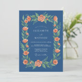 Navy Koraal Bloemenslinger Bruiloft Kaart (Staand voorkant)