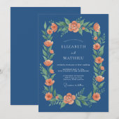 Navy Koraal Bloemenslinger Bruiloft Kaart (Voorkant / Achterkant)