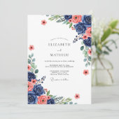 Navy Koraal Botanische Bliss Bruiloft Kaart (Staand voorkant)