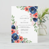 Navy Koraal Botanische Bloeiende Bruiloft Kaart (Staand voorkant)
