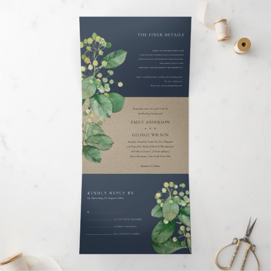 NAVY KRAFT BERRY LEAFY FOLIAGE GREENERY WEDDING DRIELUIK UITNODIGING (Binnen)