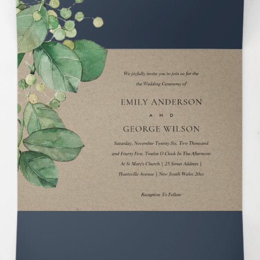 NAVY KRAFT BERRY LEAFY FOLIAGE GREENERY WEDDING DRIELUIK UITNODIGING (Binnenkant midden)