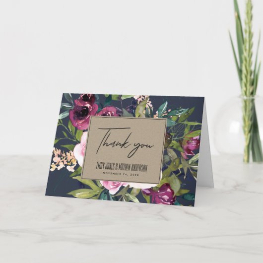 NAVY KRAFT BLUSH BURGUNDY FLORAL BUNCH WEDING BEDANKKAART (Voorkant)