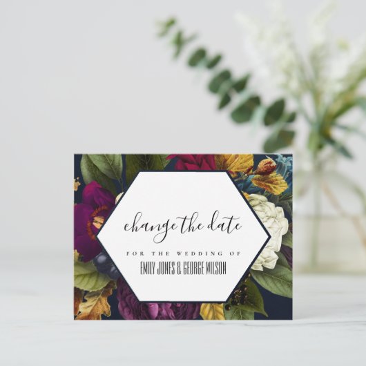 NAVY KRAFT BURGUNDY BLOEMEN BRUILOFT DATUMWIJZIGIN AANKONDIGINGSKAART (Staand voorkant)