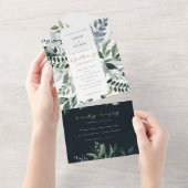 Navy Kraft Green Leafy Tropical Foliage Wedding All In One Uitnodiging (Afscheurbaar)