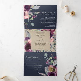 NAVY KRAFT PAARSE LILA FLORAL WATERVERF WEDING DRIELUIK UITNODIGING