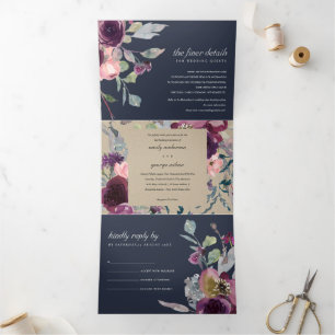 NAVY KRAFT PAARSE LILA FLORAL WATERVERF WEDING DRIELUIK UITNODIGING