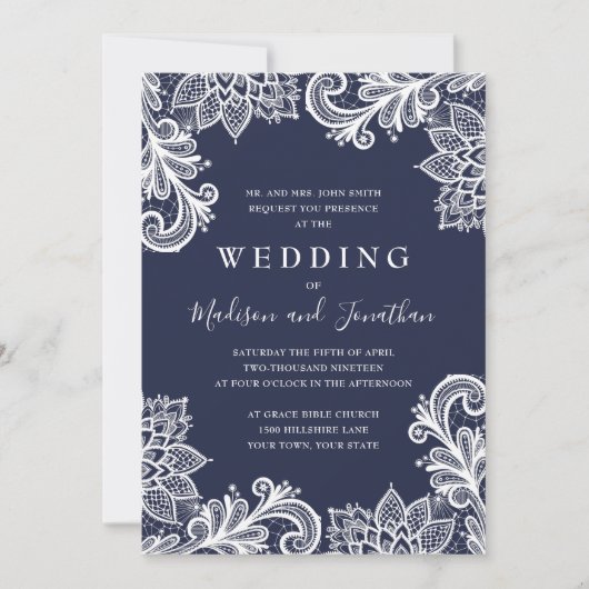 Navy Lace Applique Elegant Wedding Kaart (Voorkant)