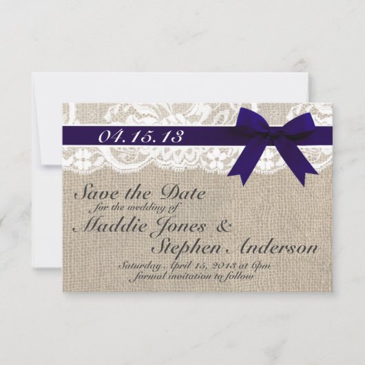 Navy Lace & Burlap Wedding Save the Date (Voorkant)