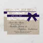 Navy Lace & Burlap Wedding Save the Date (Voorkant / Achterkant)