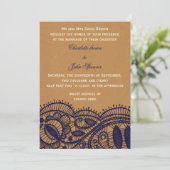 Navy Lace en Kraft Paper Wedding Kaart (Staand voorkant)