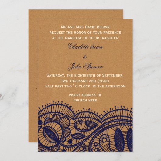 Navy Lace en Kraft Paper Wedding Kaart (Voorkant / Achterkant)