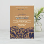 Navy Lace en Kraft Paper Wedding Kaart (Staand voorkant)