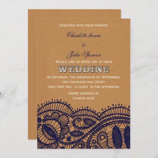 Navy Lace en Kraft Paper Wedding Kaart (Voorkant / Achterkant)